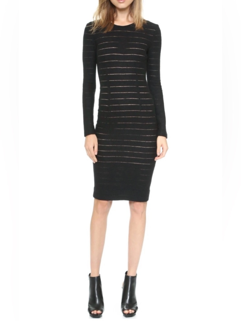 L'AGENCE Shadow Sheer Stripe Wool Boucle Sweater Pencil Bodycon Midi Dress 8 S/M